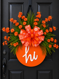 Orange Floral “Hi” Door Hanger with Designer Bow | Summer Front Door Decor