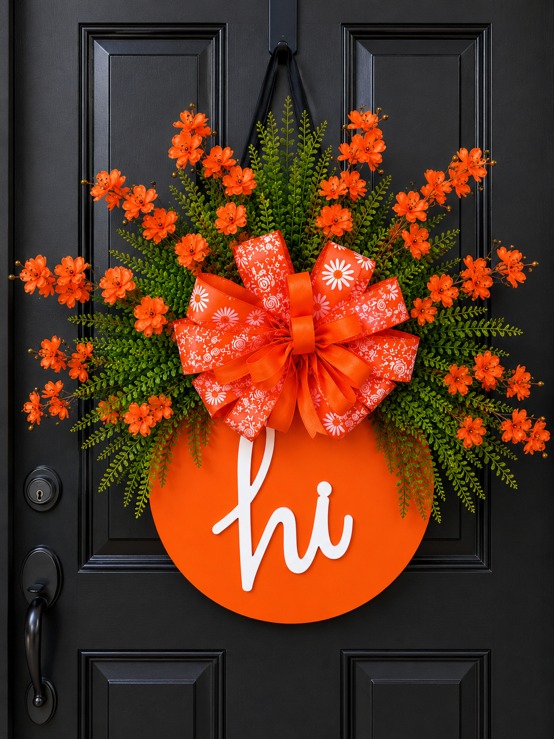 Orange Floral “Hi” Door Hanger with Designer Bow | Summer Front Door Decor