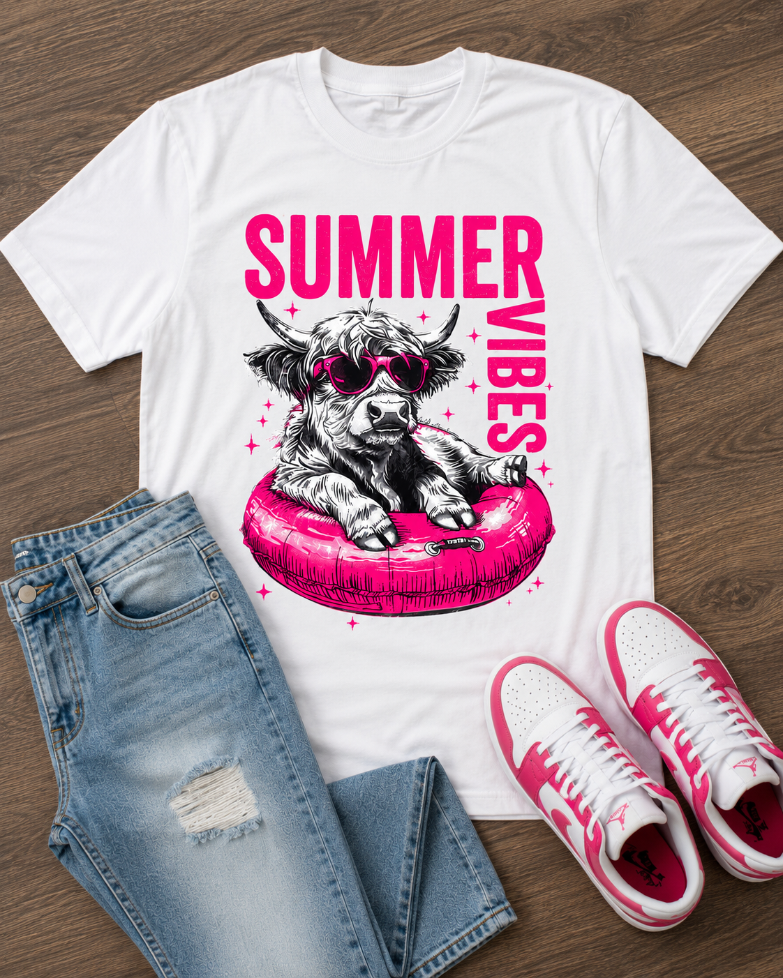 Summer Vibes Cow Graphic T-Shirt – Hot Pink Summer Tee | Cute Highland Cow Shirt