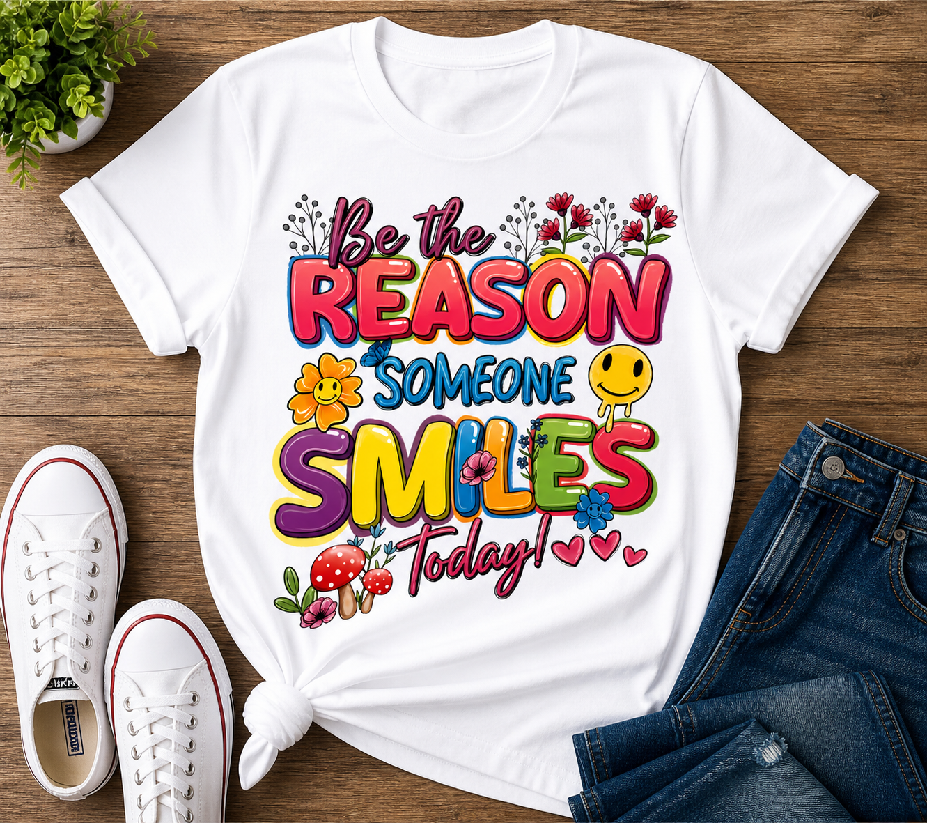 Spread positivity wherever you go with our “Be The Reason Someone Smiles Today” Graphic Tee 💫