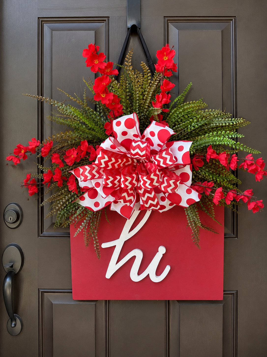 Red “Hi” Floral Door Hanger with Designer Bow | Everyday Front Door Decor