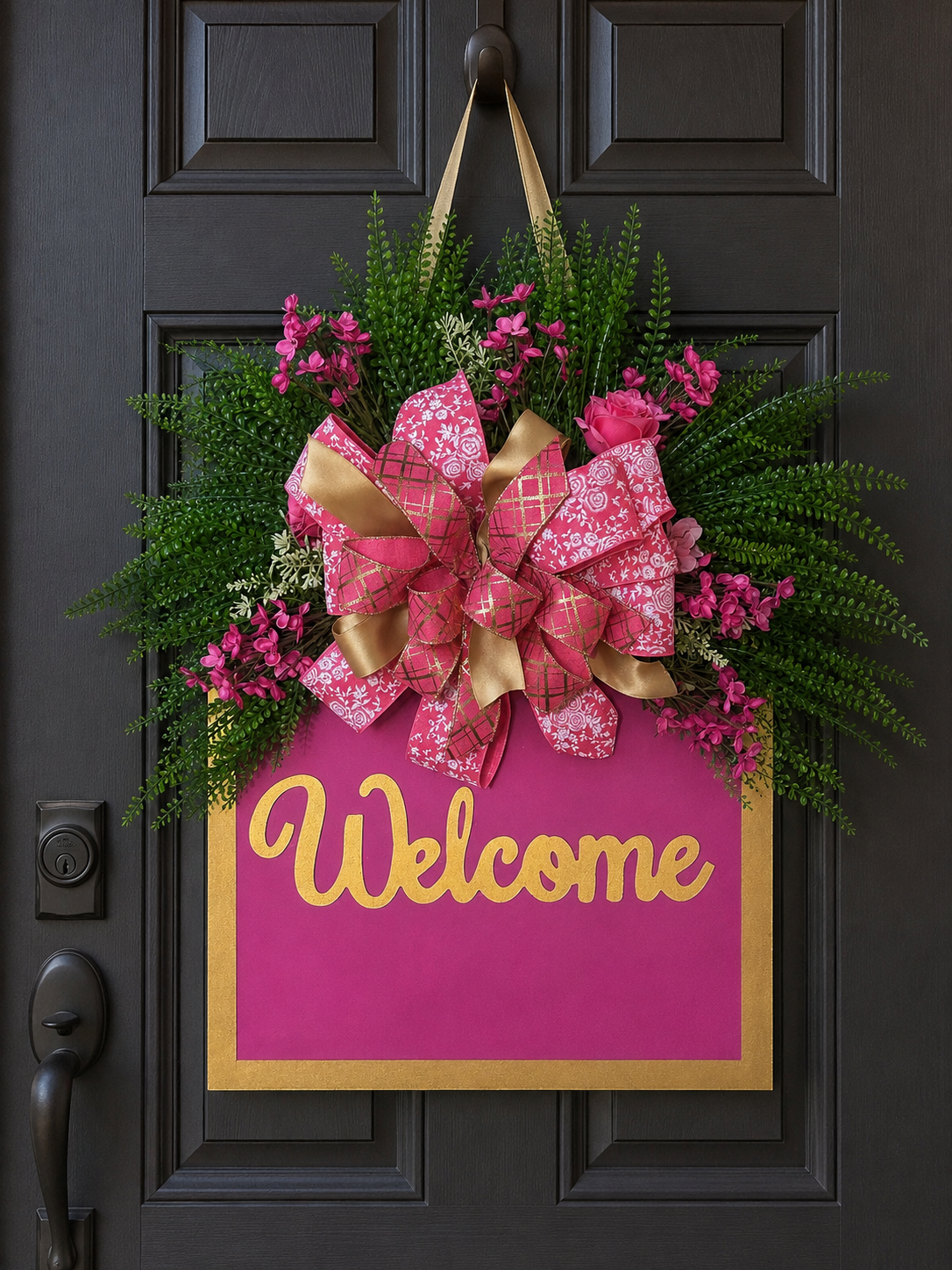 Pink & Gold Welcome Door Hanger with Floral Greenery Swag